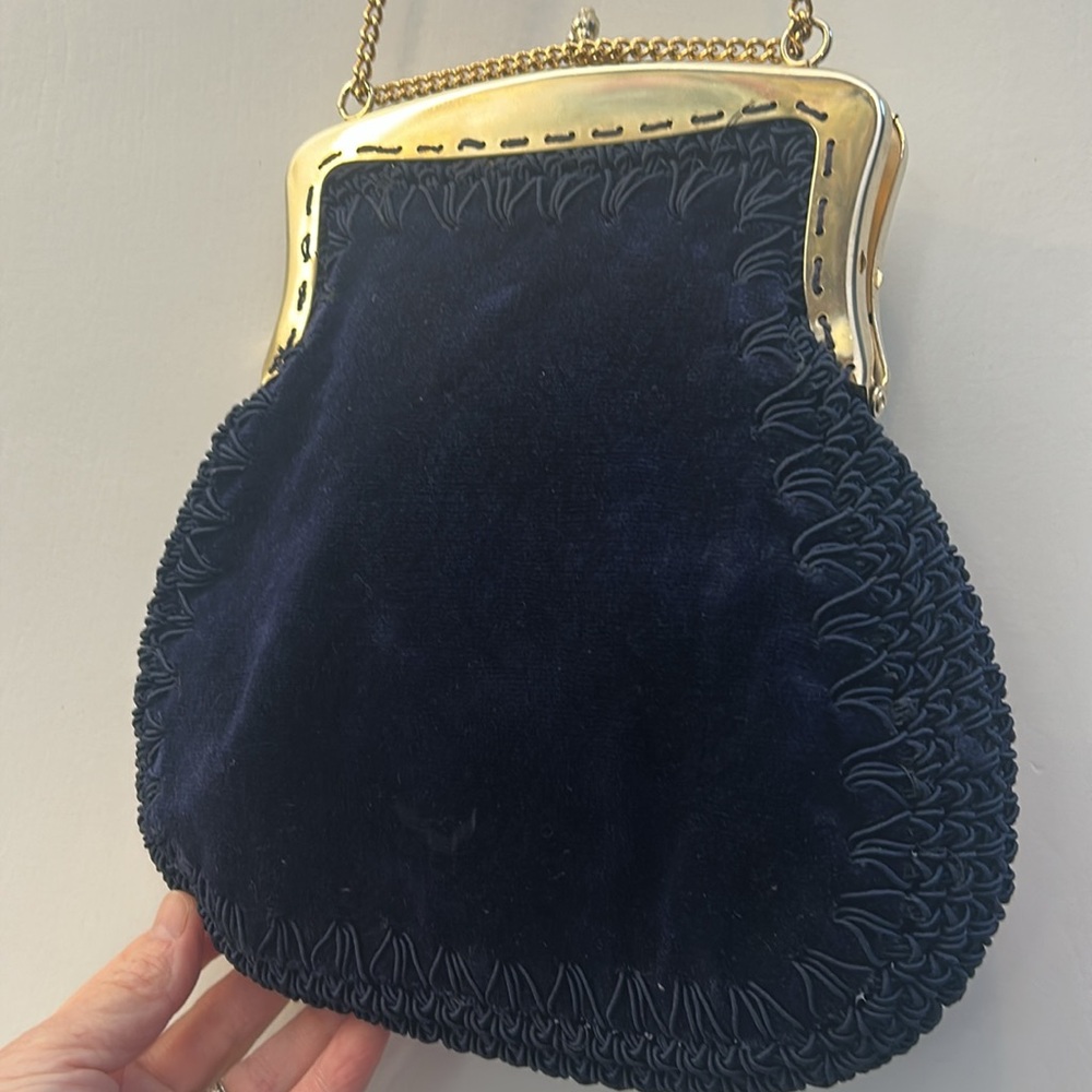 Blue Velvet Handbag Made in Italy Gold Chain Strap Italian Opera Purse - Picture 7 of 10